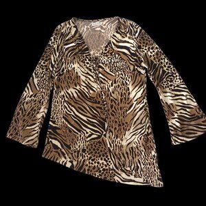 Vintage 90s Kaelyn Max Leopard Print Satiny Bell Sleeve Top Blouse Small